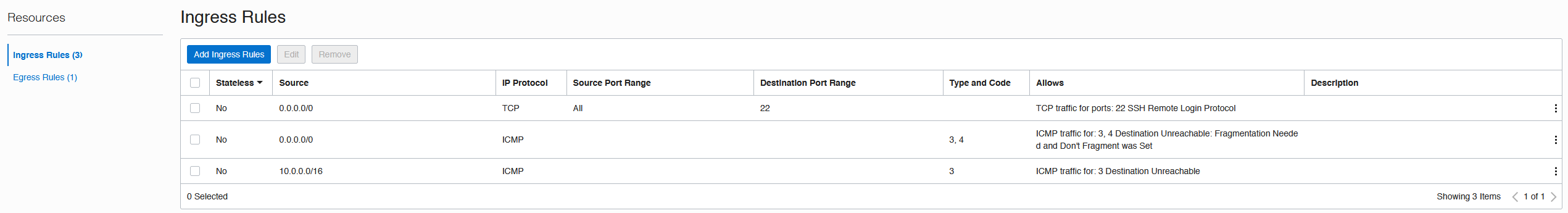 Screenshot of the default OCI network rules