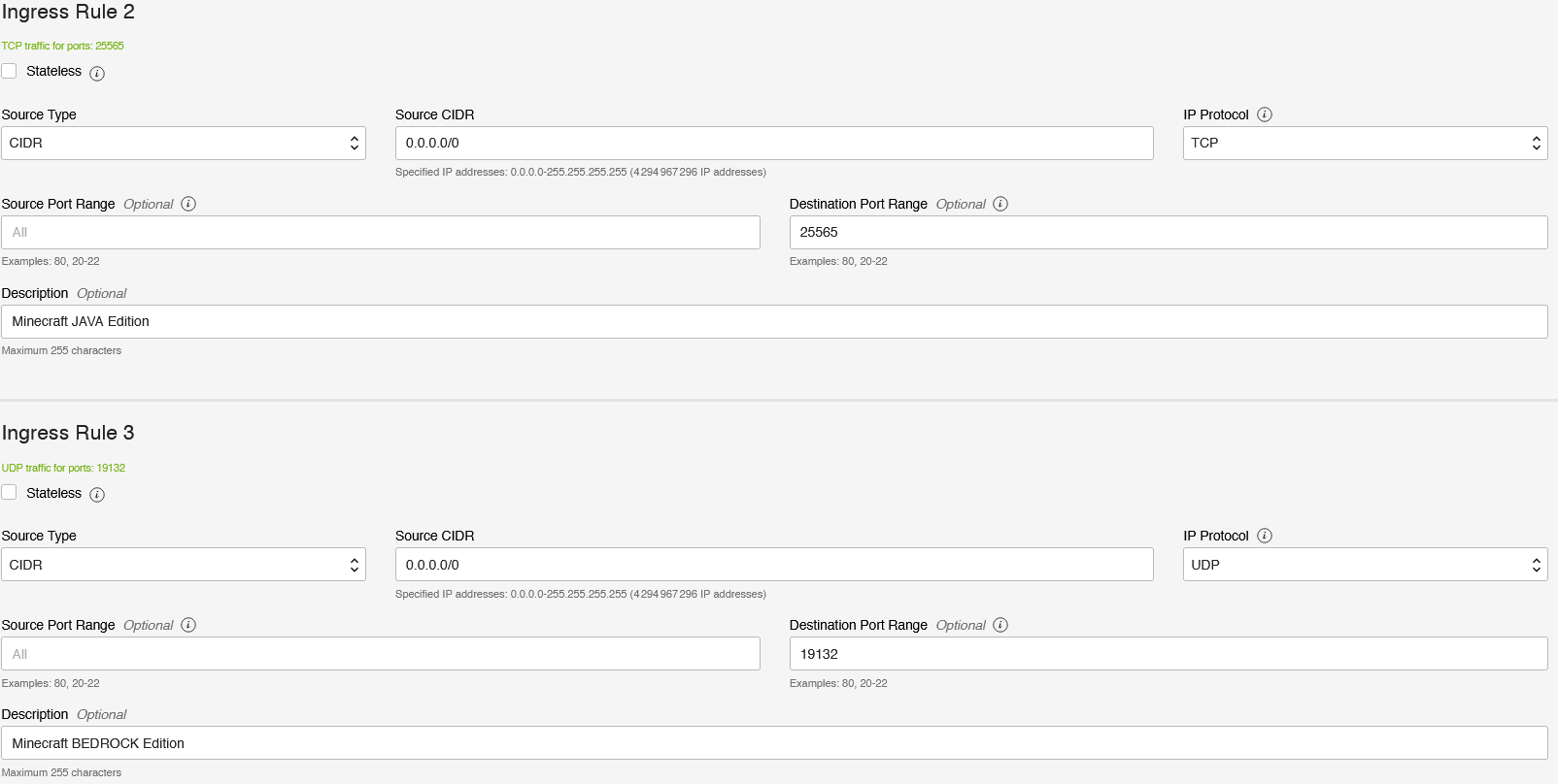 Screenshot of the rule configuration for port opening of Minecraft Server